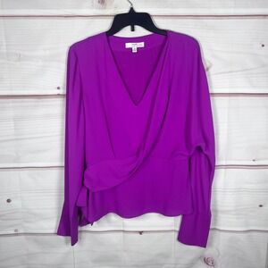 Atlein Collective Blouse Women 10 Purple V-Neck Faux Wrap Long Sleeve Top Office